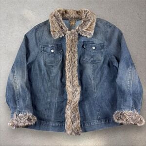 VTG 90s Y2K Midnight Velvet Denim Faux Fur Shag Penny Lane Coat Jacket 3XL